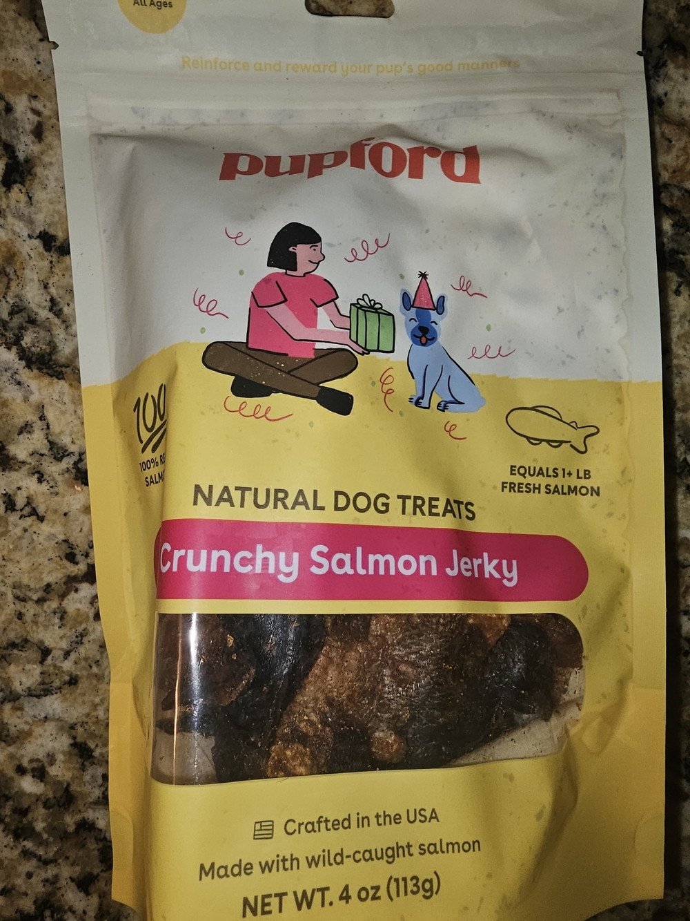 Ford Pupford Crunchy Salmon Jerky - Yellow and Pink Packaging
